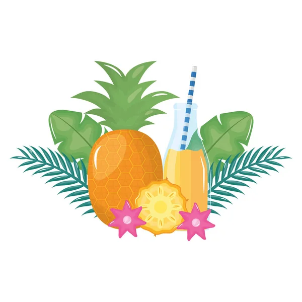 Jus d'ananas frais fruit en bouteille avec paille en décoration florale — Image vectorielle