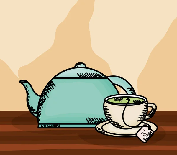 Вкусный чай чашка и чайник — стоковый вектор