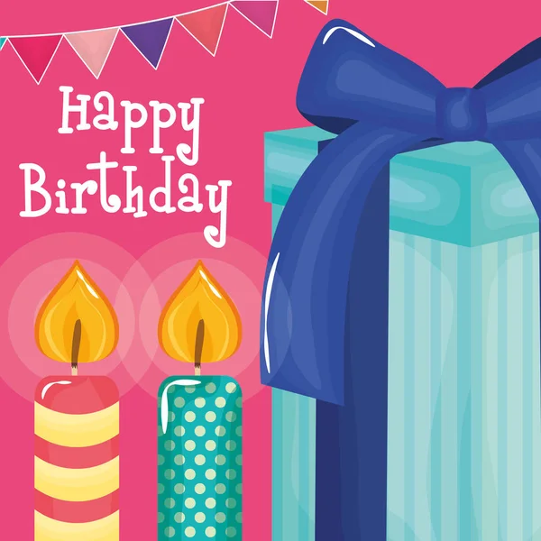 Happy birthday card with gift and candles — Stock Vector