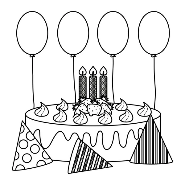 Delicioso pastel dulce con fresas y velas, globos de helio — Vector de stock