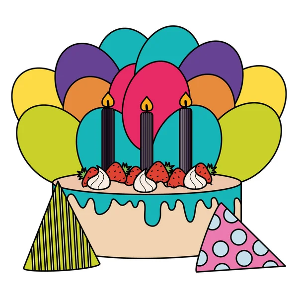 Νόστιμο γλυκό κέικ με φράουλες και κεριά, μπαλόνια ήλιο — Διανυσματικό Αρχείο