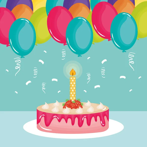 Šťastný narozeninový lístek, sladký dort a svíčka s balónky helium — Stockový vektor