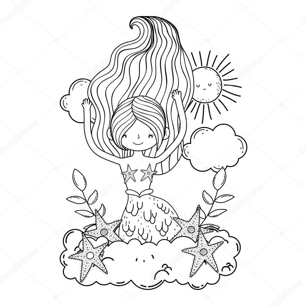 beautiful mermaid with starfishes in clouds