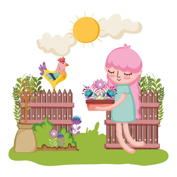 Девушка поднимает комод с петухом в саду — стоковый вектор