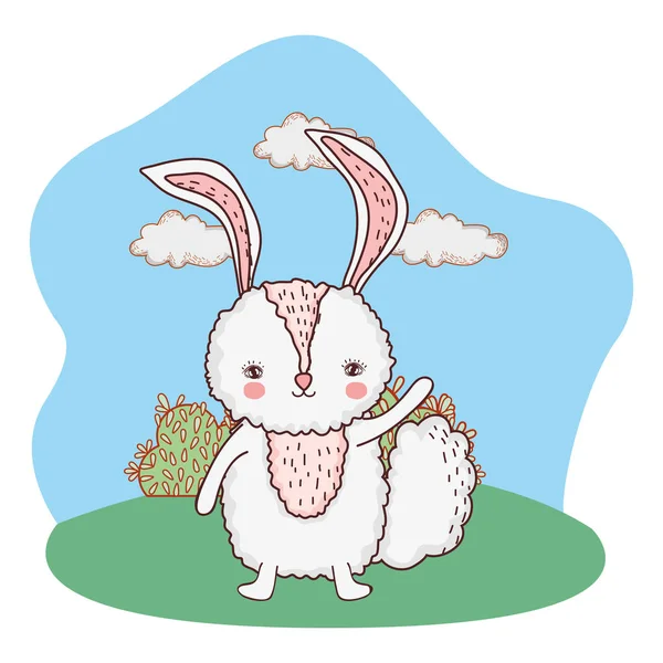 Lindo pequeño personaje de conejo en el campamento — Vector de stock