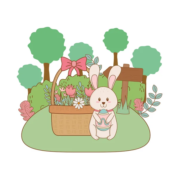 Mały królik z jajko malowane i kwiaty w ogrodzie — Wektor stockowy