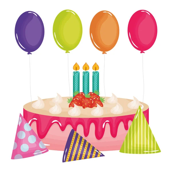 Lahodný sladký dort s jahodami a svíčkami, balónky helium — Stockový vektor