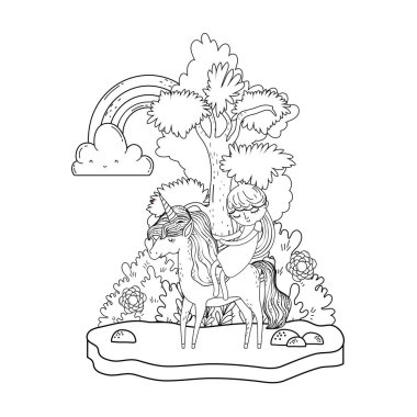 gökkuşağı ile manzara içinde Unicorn ve Prenses