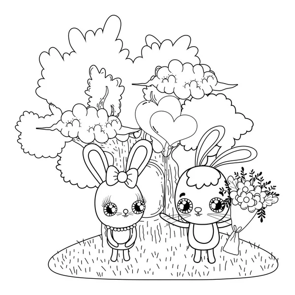 Cute rabbits couple with flowers valentines day — Stock Vector