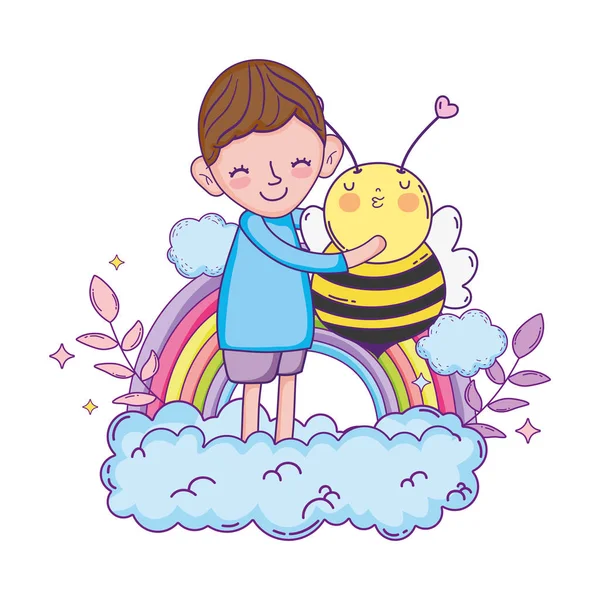 Little boy with bee kawaii character — Stock Vector