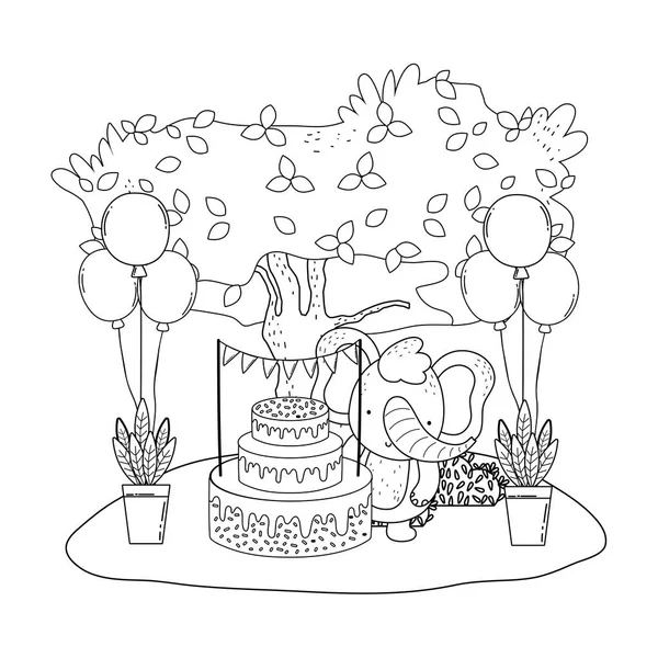 Elefante con pastel y globos helio en el campo — Vector de stock