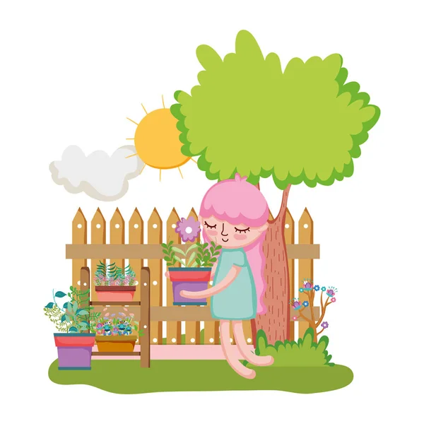 Маленькая девочка поднимает ковровое покрытие с забором и деревом — стоковый вектор