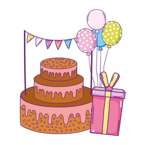 Party süße Torte mit Geschenken und Luftballons Helium — Stockvektor