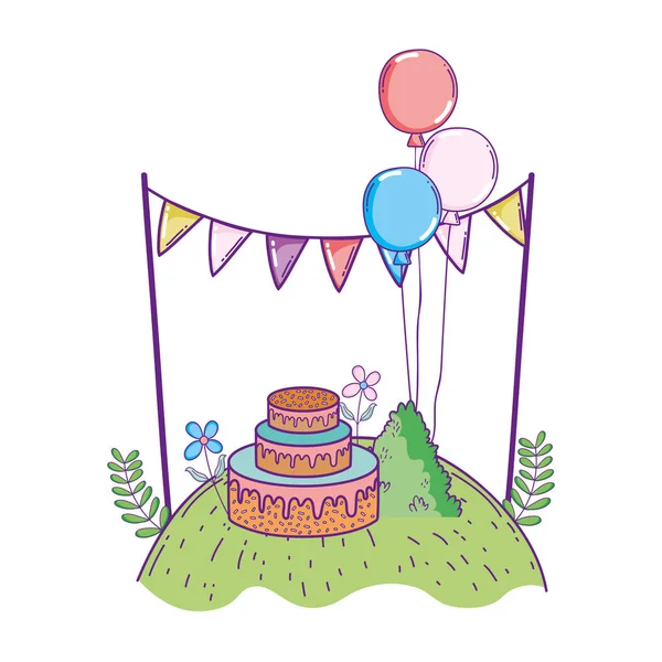 Hermoso paisaje con pastel de fiesta y globos de helio — Vector de stock