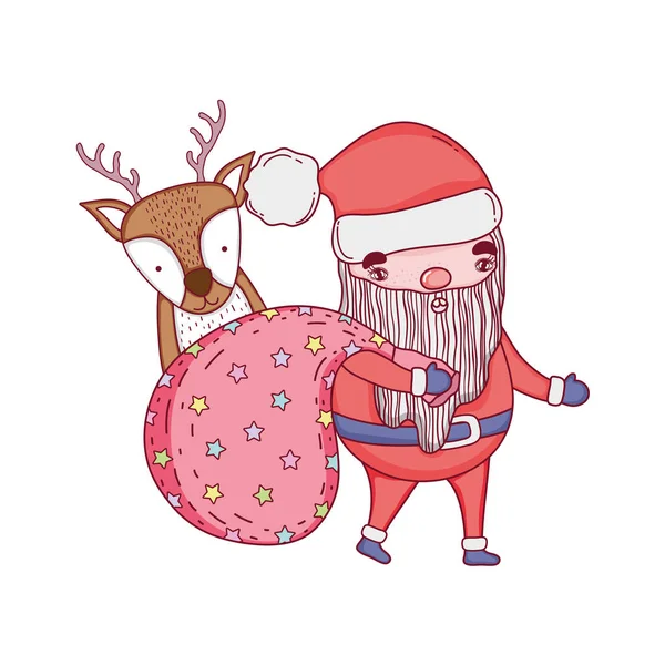 Mignon Noël Père Noël claus avec sac et cerf — Image vectorielle