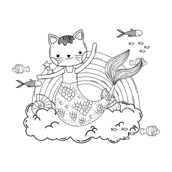 Purrmaid with clouds and rainbow undersea — Stock Vector