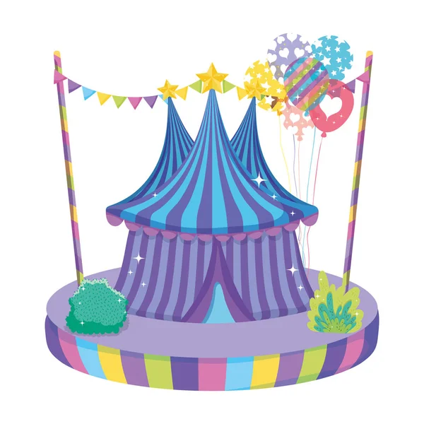 Linda carpa de circo con globos helio — Vector de stock