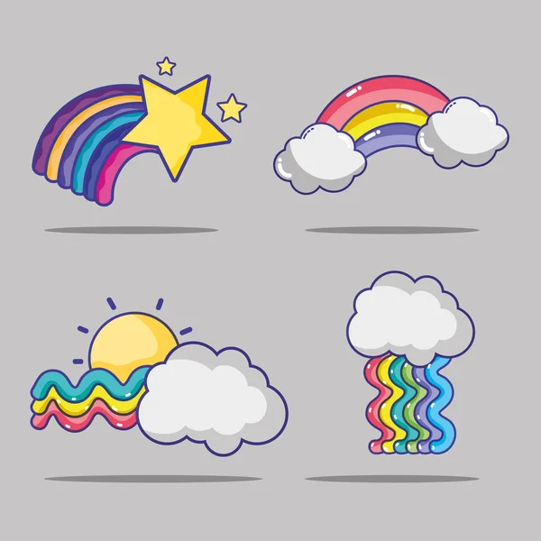 Conjunto arco-íris com design de estrelas e nuvens — Vetor de Stock