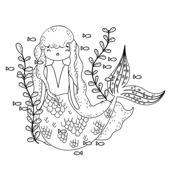 Милая русалка под морем с водорослями — стоковый вектор