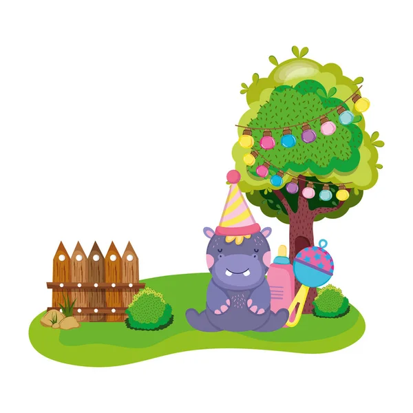 Niedliche und kleine Nilpferd-Figur mit Party-Hut — Stockvektor