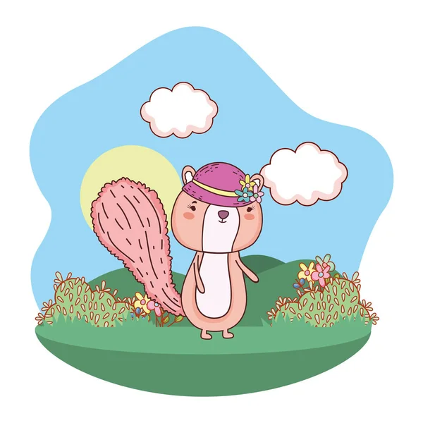 Χαριτωμένο μικρό σκιουράκι με γυναικείο καπέλο στο πεδίο — Διανυσματικό Αρχείο