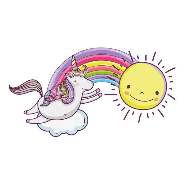 Lucu dongeng unicorn dengan pelangi dan matahari - Stok Vektor