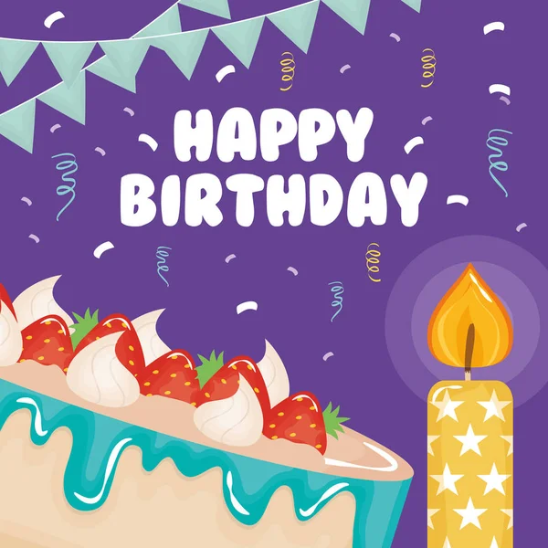 Tarjeta de cumpleaños feliz, pastel con fresa y vela — Archivo Imágenes Vectoriales