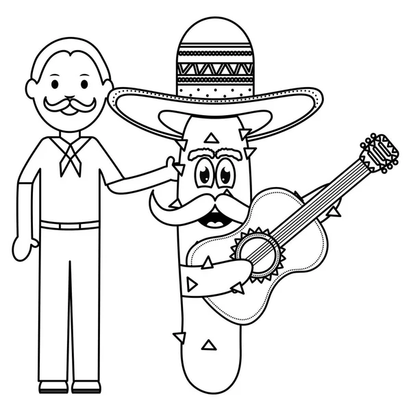 Meksykański człowiek z kaktusami i postaciami gitary — Wektor stockowy