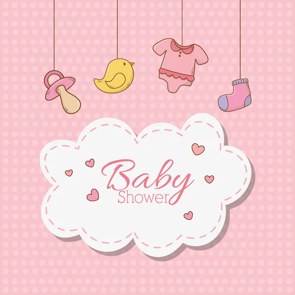 Baby shower card with accessories hanging — Stock Vector
