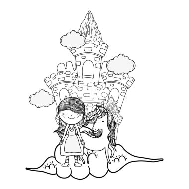 bulutlarda kale ve tek boynuzlu at ile küçük peri