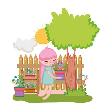 küçük kız çit ve ağaç ile houseplant kaldırma