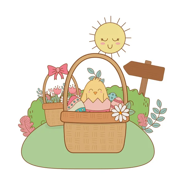 Pequeño polluelo con huevo roto en el jardín carácter de Pascua — Vector de stock