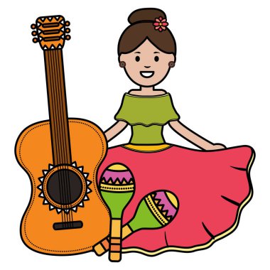 gitar ve maracas ile güzel meksikalı kadın