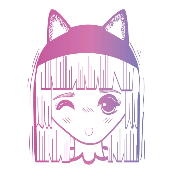 Línea anime chica cabeza con custome y peinado — Vector de stock