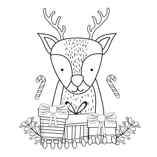 Mignon rennes de Noël avec couronne et cadeaux — Image vectorielle