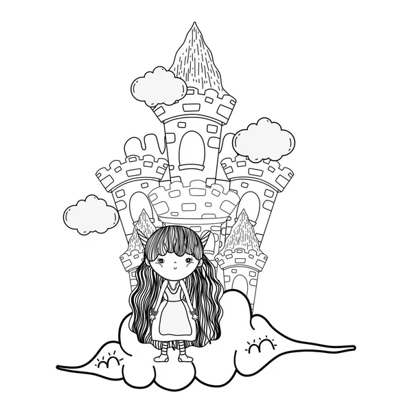 可爱的小仙女与城堡在云 — 图库矢量图片