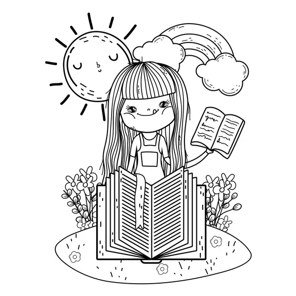 Girl reading book with sun kawaii in the field — Stock Vector
