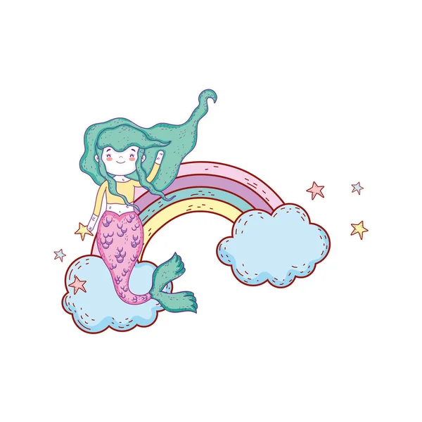 Linda sirena con nubes y arco iris — Vector de stock