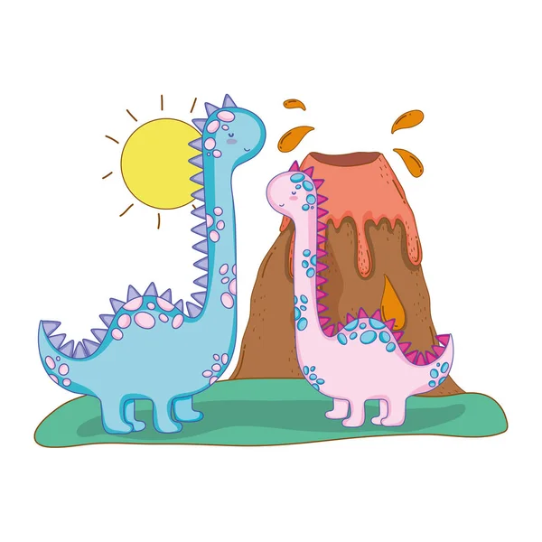 Mignon couple apatosaurus avec volcan — Image vectorielle