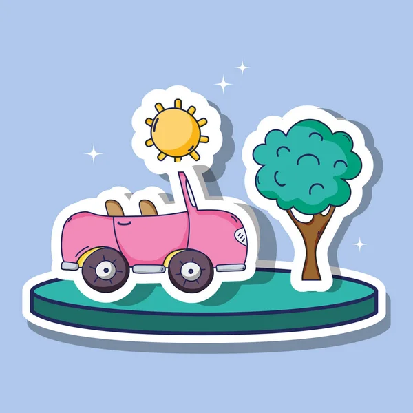 太陽と木のパッチとピンクの車の輸送 — ストックベクタ