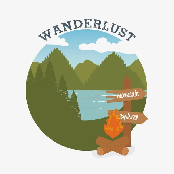 Wanderlust label with campfire scene — Stock Vector