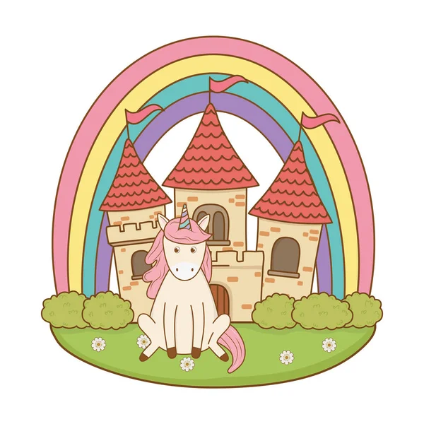 Licorne avec château et arc-en-ciel dans le domaine — Image vectorielle