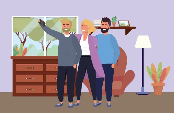 Millennial grupo diverso tomando selfie interior fondo — Vector de stock