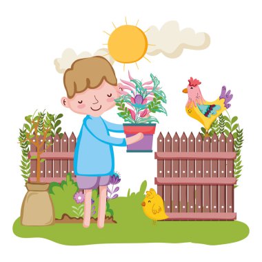 küçük çocuk çit ve horoz ile houseplant kaldırma