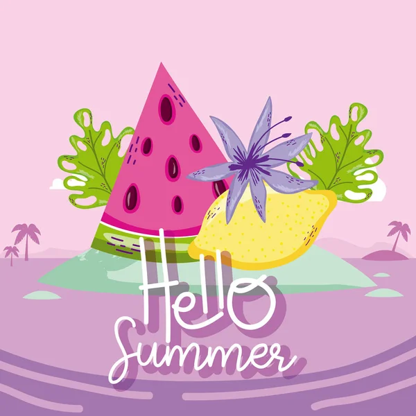 Hello summer card with cute cartoons — Stock Vector