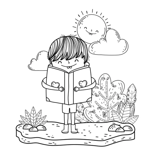Счастливый мальчик, читающий книгу в саду — стоковый вектор