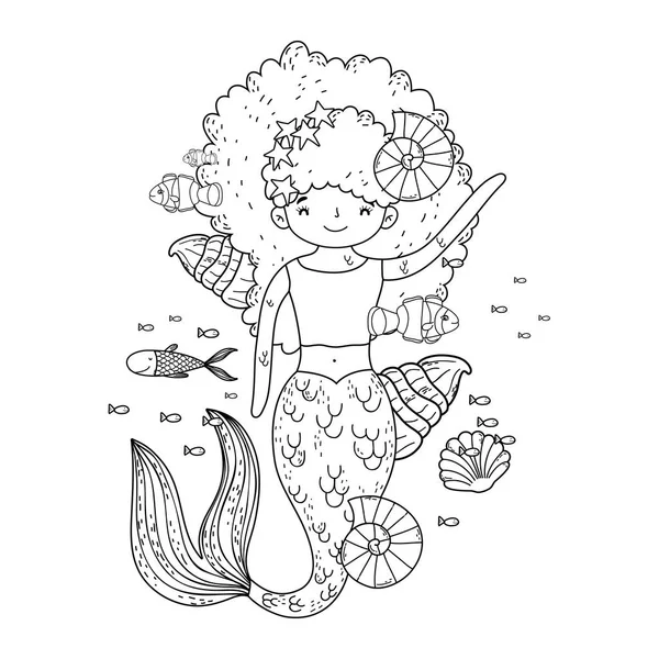 Cute mermaid under sea with seaweed — Stock Vector