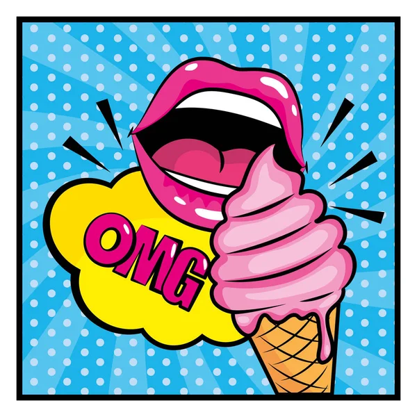 Bocca mangiare gelato e omg messaggio — Vettoriale Stock