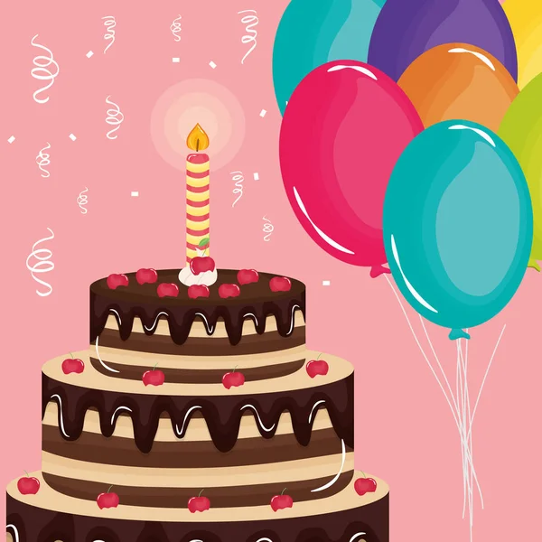 生日快乐卡,甜蛋糕和蜡烛与气球氦气 — 图库矢量图片