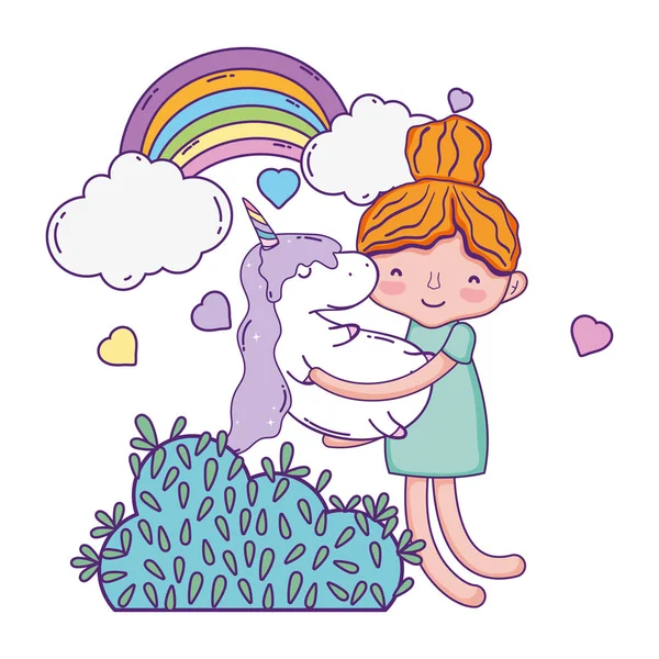 Kleines Mädchen mit Einhorn und Regenbogen-Kawaii — Stockvektor